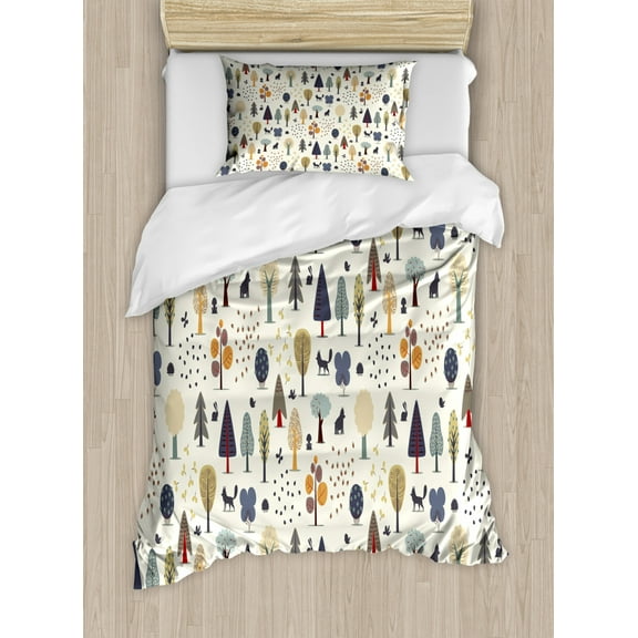 Forest Duvet Cover Set Twin Size, Forest Trees Woodland Pine Oak Bush Chestnut Acorn Mother Nature Doodle Illustration, Decorative 2 Piece Bedding Set with 1 Pillow Sham, Multicolor, by Ambesonne