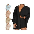 thumbnail image 6 of KOMOO Women 2Pcs Shorts Suit Collar Button Blouse and Drawstring Elastic Waist Shorts Loose Outfits, 6 of 7