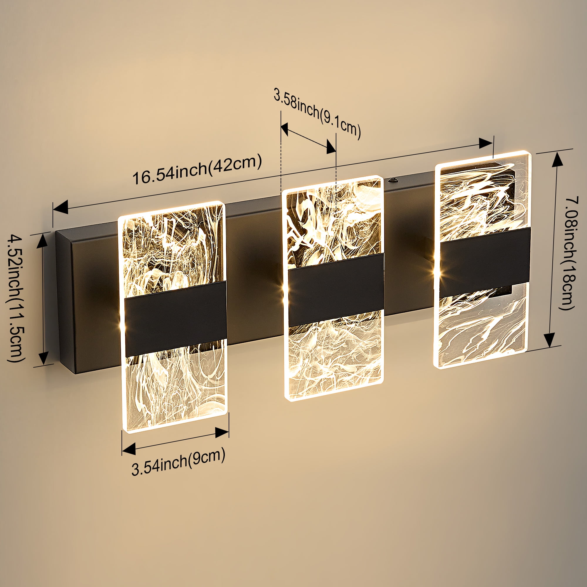 Deyidn 3-Light Black Dimmable LED Bathroom Vanity Light, 16.54 Inch Modern Wall Mirror Light for Vanity Mirror and Powder Room
