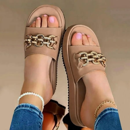 

Aayomet Summer Slippers for Women Ladies Fashion Summer Solid Color Leather Metal Buckle Decorative Open Toe Thick Slippers Beige 9