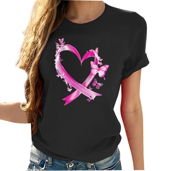 Riecok Breast Cancer T Shirts for Women Ribbon Graphic Crewneck Tees Short Sleeve Breast Cancer Shirts Holiday Tops Black 3XL