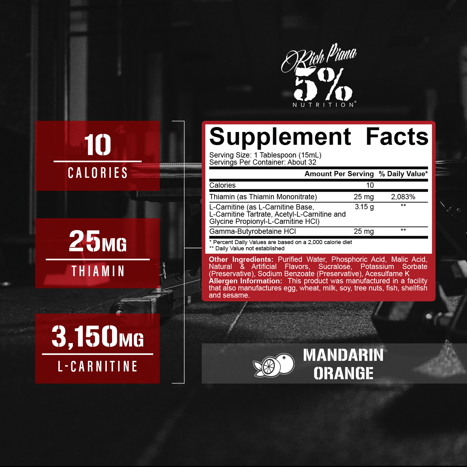 5% Nutrition Rich Piana Liquid L-Carnitine 3150 4 Source Blend with GBB (Mandarin Orange)