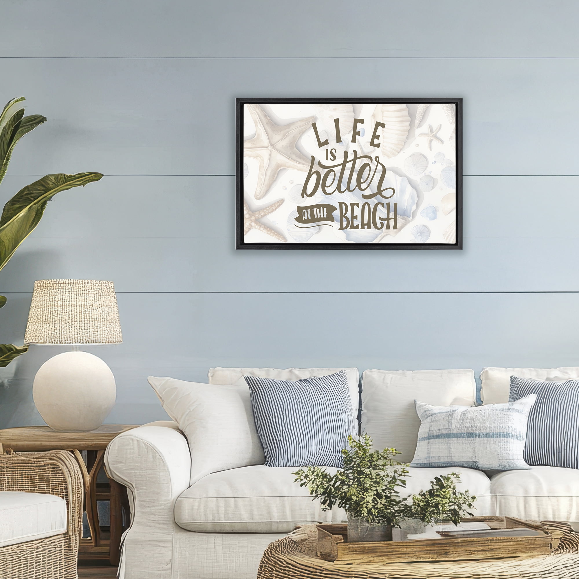 Stupell Industries Better At Beach Seashells Black Framed Floater Canvas Wall Art, design by Kim Allen