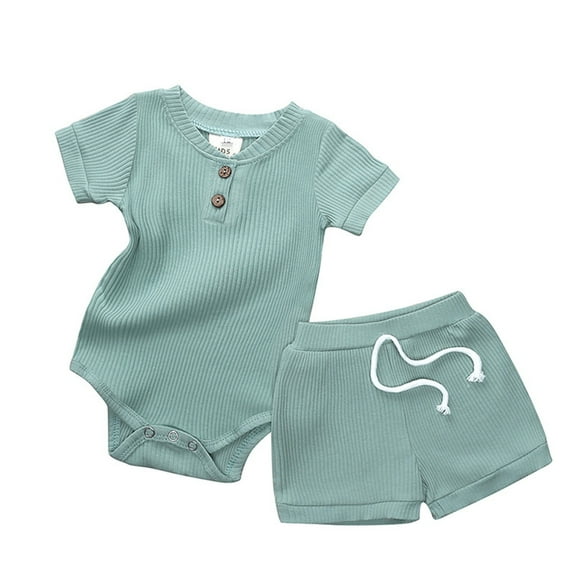 Ticikt Summer Baby Boy Girl Clothes Set Ribbed Outfits Unisex Solid Short Sleeve Tops Shorts 2PCS,Color:Green,Size:0-3 Months
