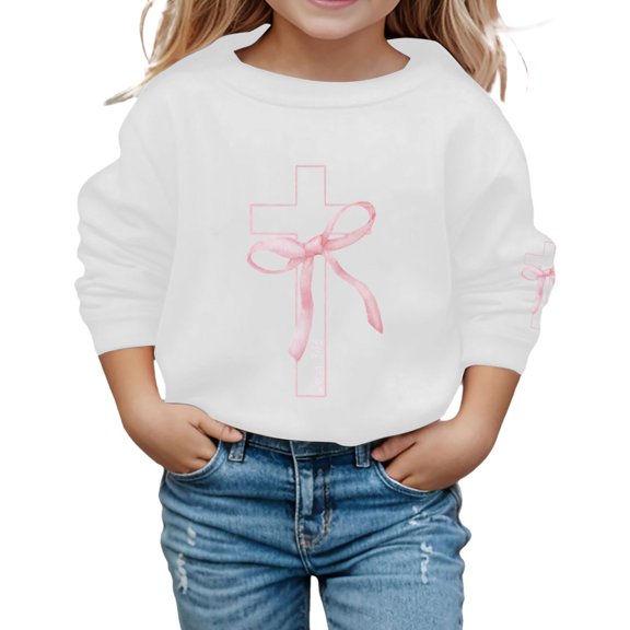 IWRICH Girls Sweatshirt Kids Cute Pink Bow Sweatshirts Teens Cross Graphic Long Sleeve Shirt Pullover Top White 160
