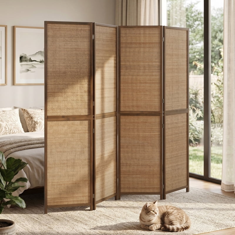 Alvantor 4-Panel Folding Privacy Screen, Freestanding Bamboo Room Divider with Open-Weave Design 63"x70.9" Brown
