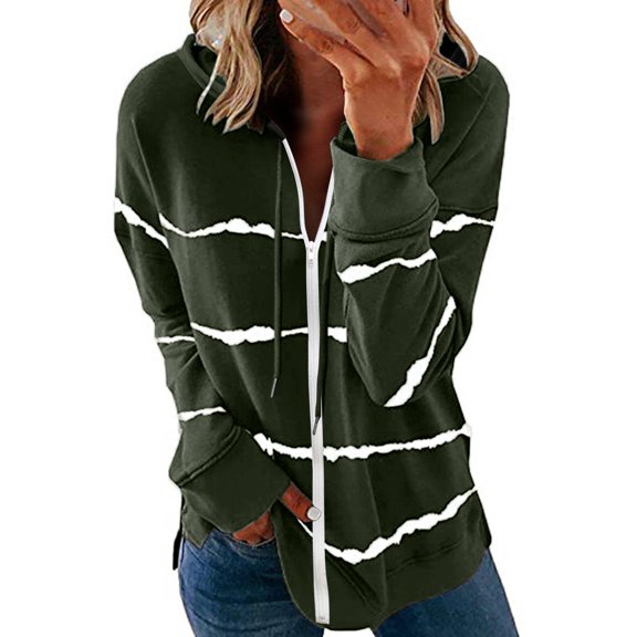 YODETEY Womens Hoodie Striped Full Zip Long Sleeve Lightweight Sweatshirts Jacket Coat Army Green 16(XXXL)