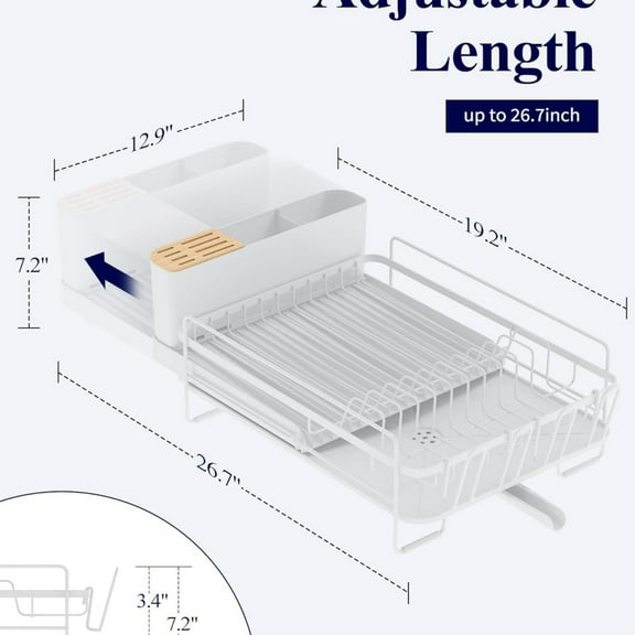 Large Dish Drying Rack - Extendable Dish Rack, Multifunctional Dish Rack for Kitchen Counter, Anti-Rust Dish Drainers with Cutlery & Cup Holders 19.2"-26.7" L x 12.9" W, White