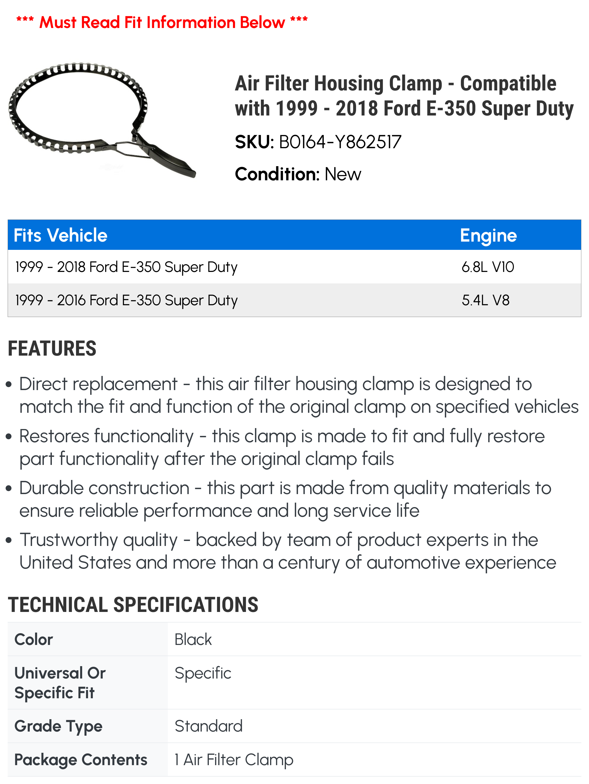 Air Filter Housing Clamp - Compatible with 1999 - 2018 Ford E-350 Super Duty - Dorman