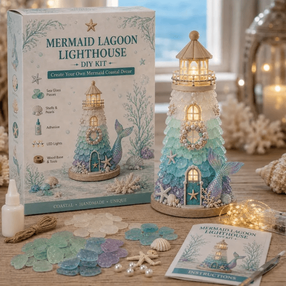 Beginner-Friendly DIY Lighted Sea Glass-Style Lighthouse Kit Collection – LED Lighthouse Craft with Shells Pearls, Handmade Ocean Beach Decor Gift for Craft Lovers Mermaid Lagoon