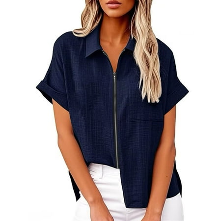Cotton Linen Shirts Womens Zip Up Lapel Collar Tops Short Sleeve Summer Dressy Casual Blouses with Chest Pocket (XL, Navy)