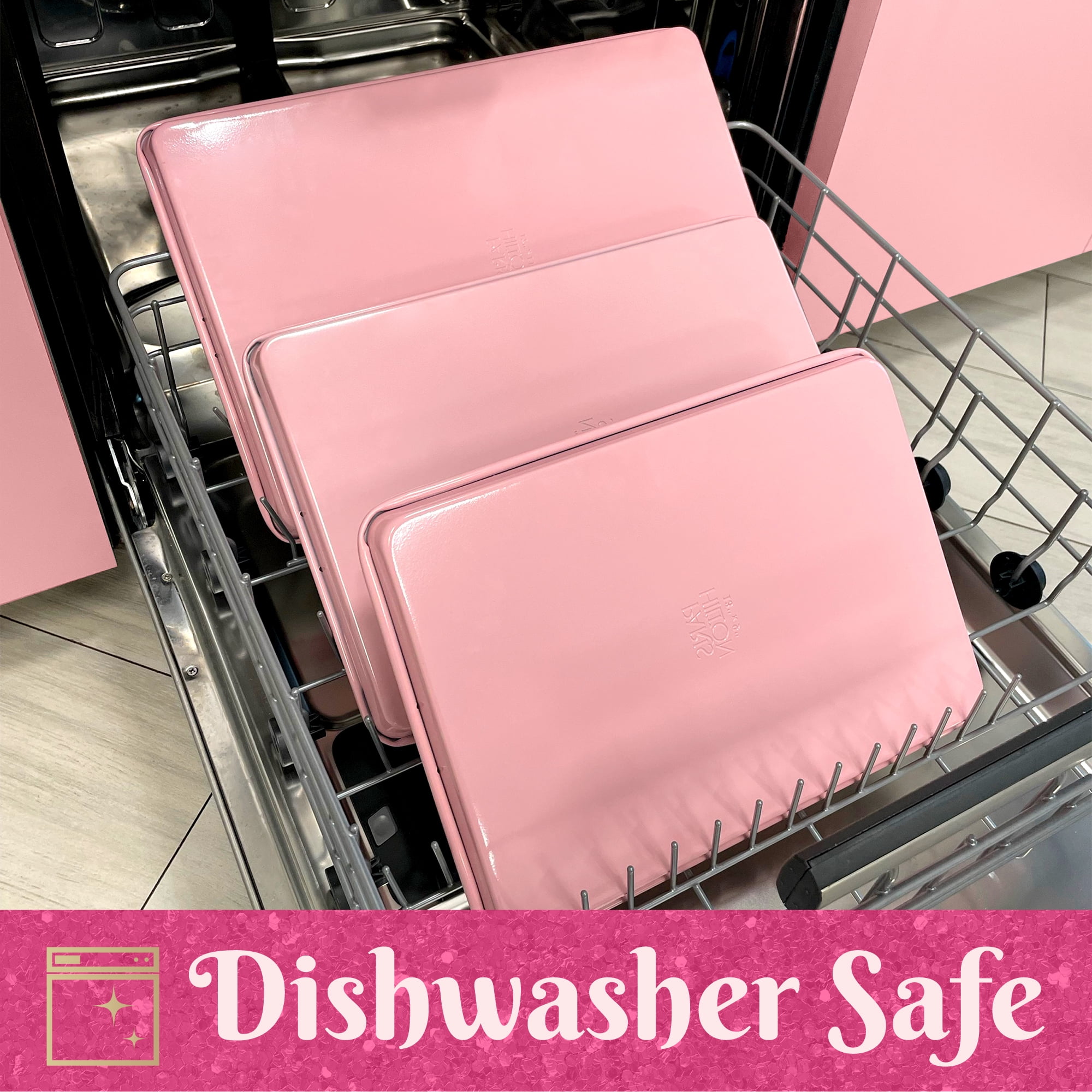 Paris Hilton 3-Piece Nonstick Cookie Sheet Pan Bakeware Set, Carbon Steel Baking Sheets, Dishwasher Safe, Pink