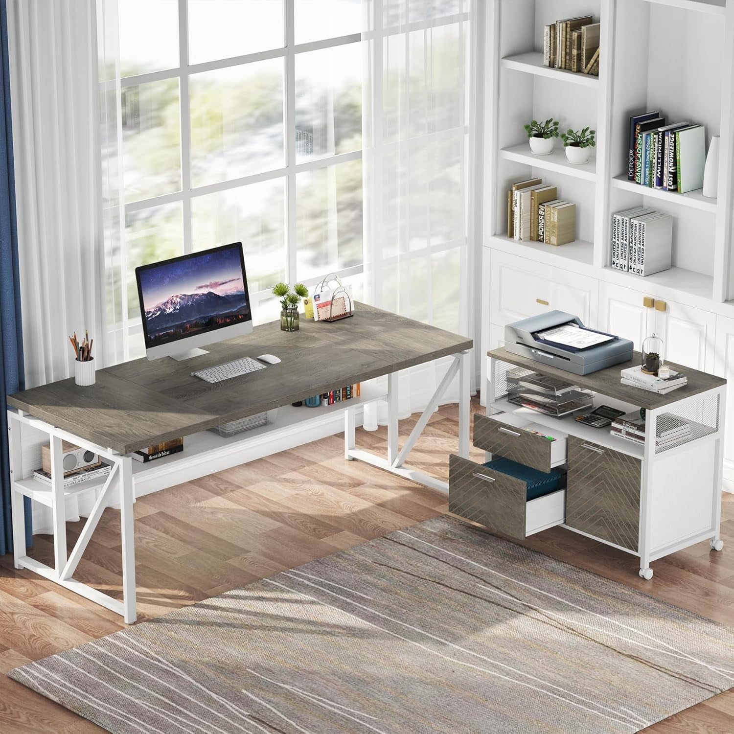 Tribesigns 63" L Shaped Executive Desk with Lateral File Cabinet, Doors with Locks, Desk with Shelf (Gray and White)