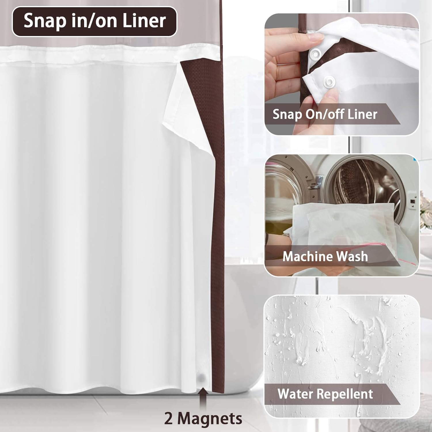 DawnJoanHD Waffle Weave No Hook Shower Curtain with Snap-in Liner, Brown Polyester Fabric with See-Through Top Window, 72" x 75"