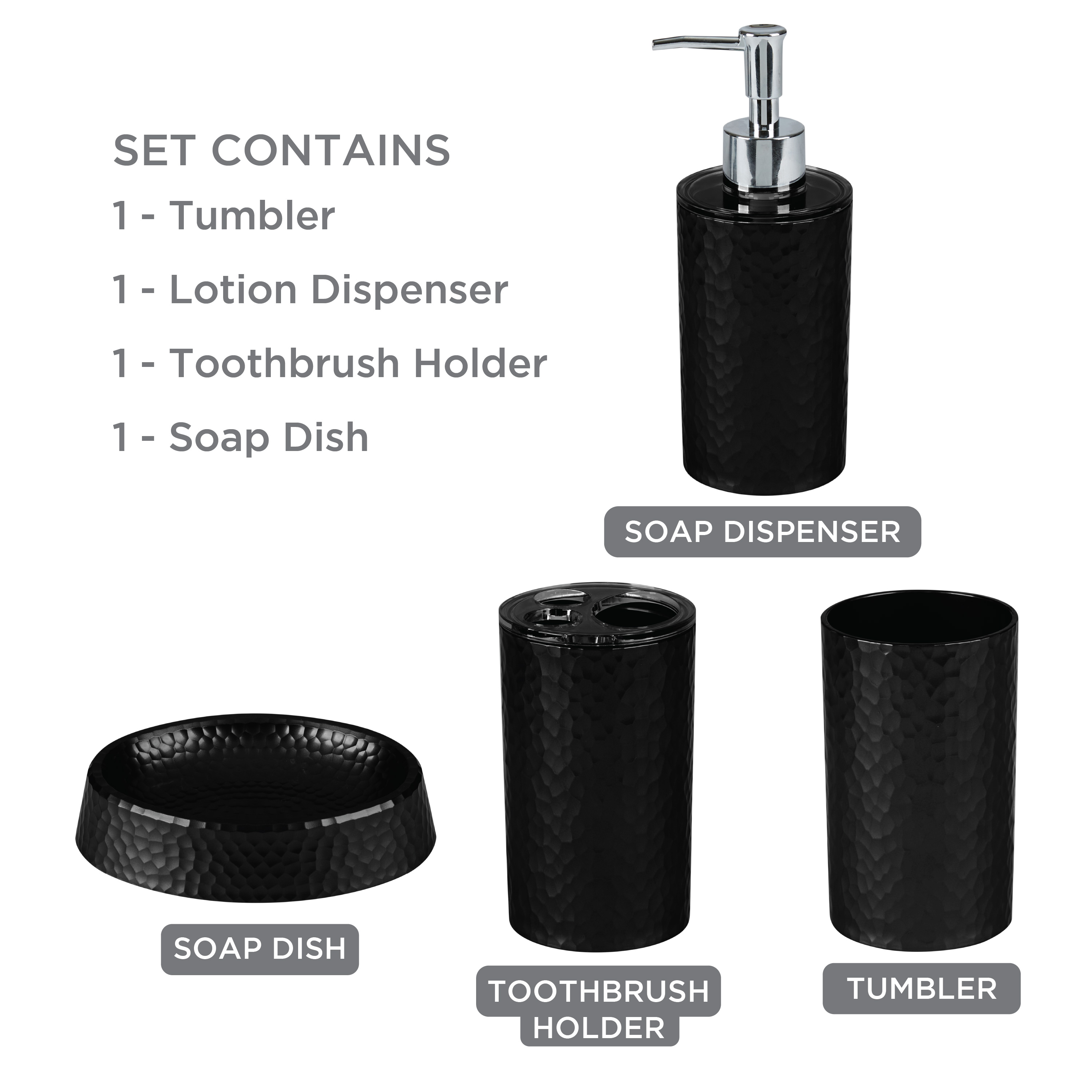 Bath Bliss Hammered Texture 4 Piece Bath Accessory Set in Black