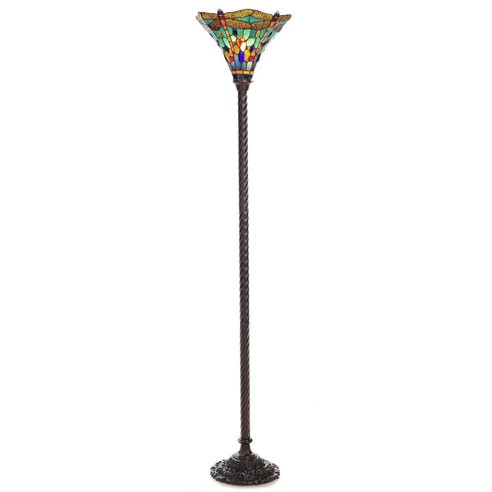 Warehouse of Tiffany 68” Dragonfly Torchiere Floor Lamp with Glass Shade