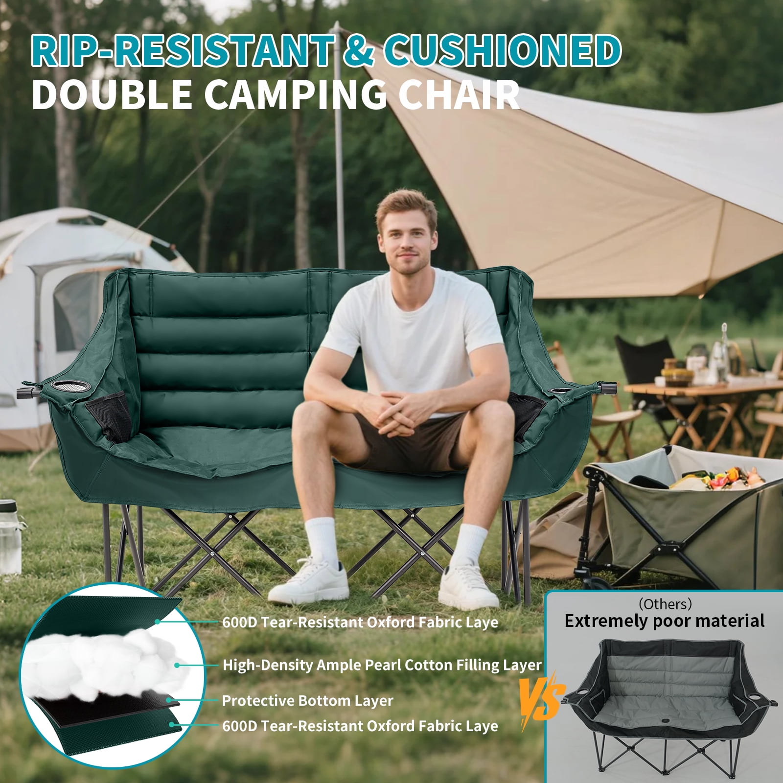 Slsy XXXL Oversized 2 Person Fully Padded Camping Chair, Folding Loveseat Camping Couch Double Camping Chairs Heavy Duty Portable Lawn Chair Patio Chair, Supports 990 LBS
