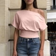 thumbnail image 2 of Rhuody Womens Tops Sleek Off The Shoulder Solid Color Short Sleeve Tops Women Clothing Red, 2 of 4