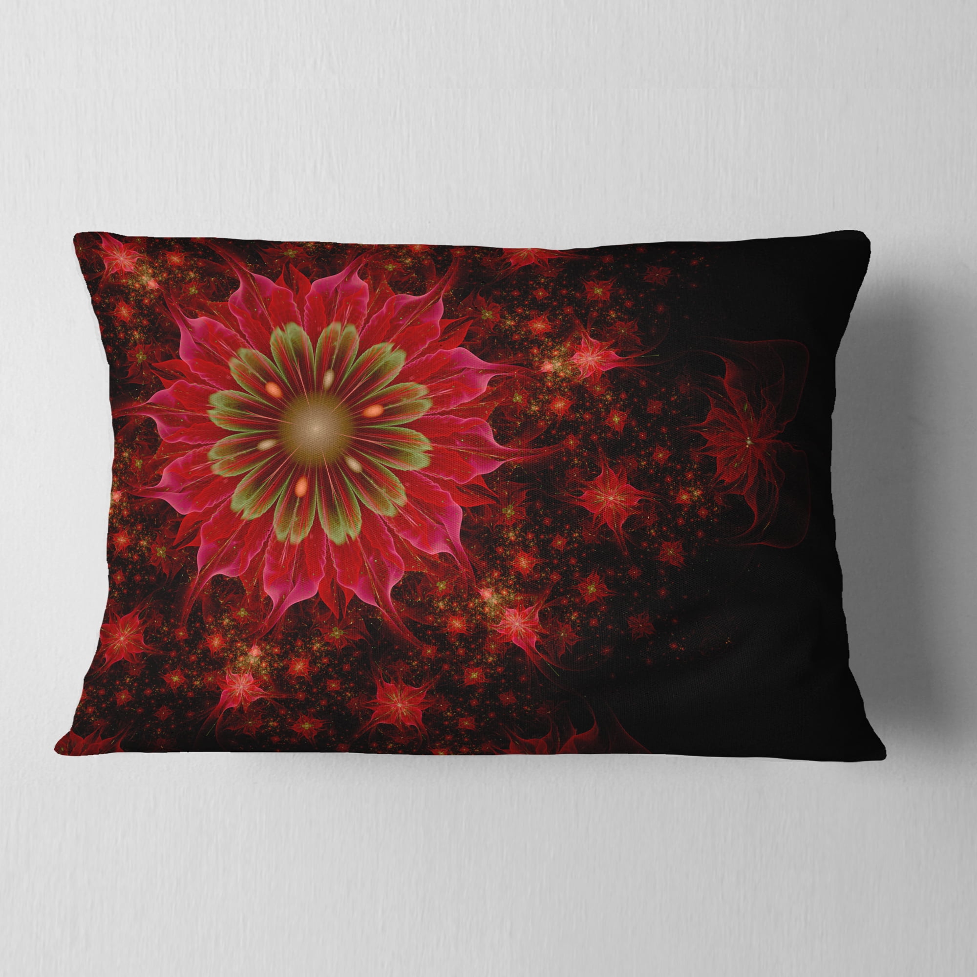 Designart Dark Red and Light Green Fractal Flowers - Abstract Throw Pillow - 12x20