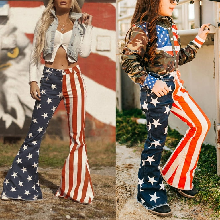 Ladies Distressed Look Patriotic Flare Leg Pants Made in USA