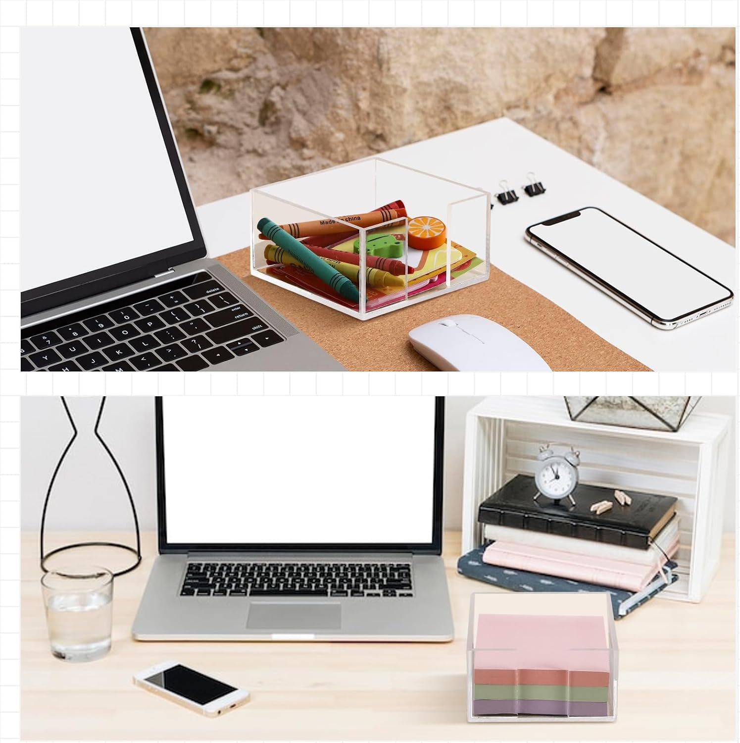 4 Pcs Acrylic Sticky Note Holder 3 x 3 Clear Crystal Acrylic Note Dispenser Notepad Memo Holder Office Desk Organizer Accessories Sticky for Dorm Room Office Desk