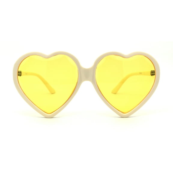 Womens Oversize Heart Shape Beveled Jewel Lens Sunglasses White Yellow