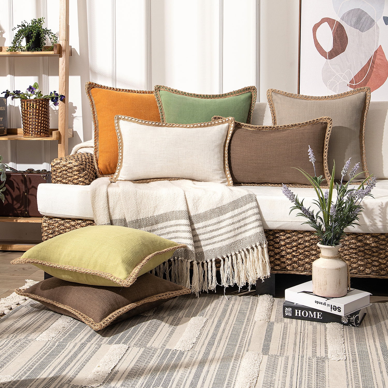 Decorative Throw Pillow Set, Linen Trimmed Farmhouse & Soft Corduroy Striped Velvet Series Bundle, for Sofa Couch Bedroom, Dark Coffee & Black, 18" x 18"