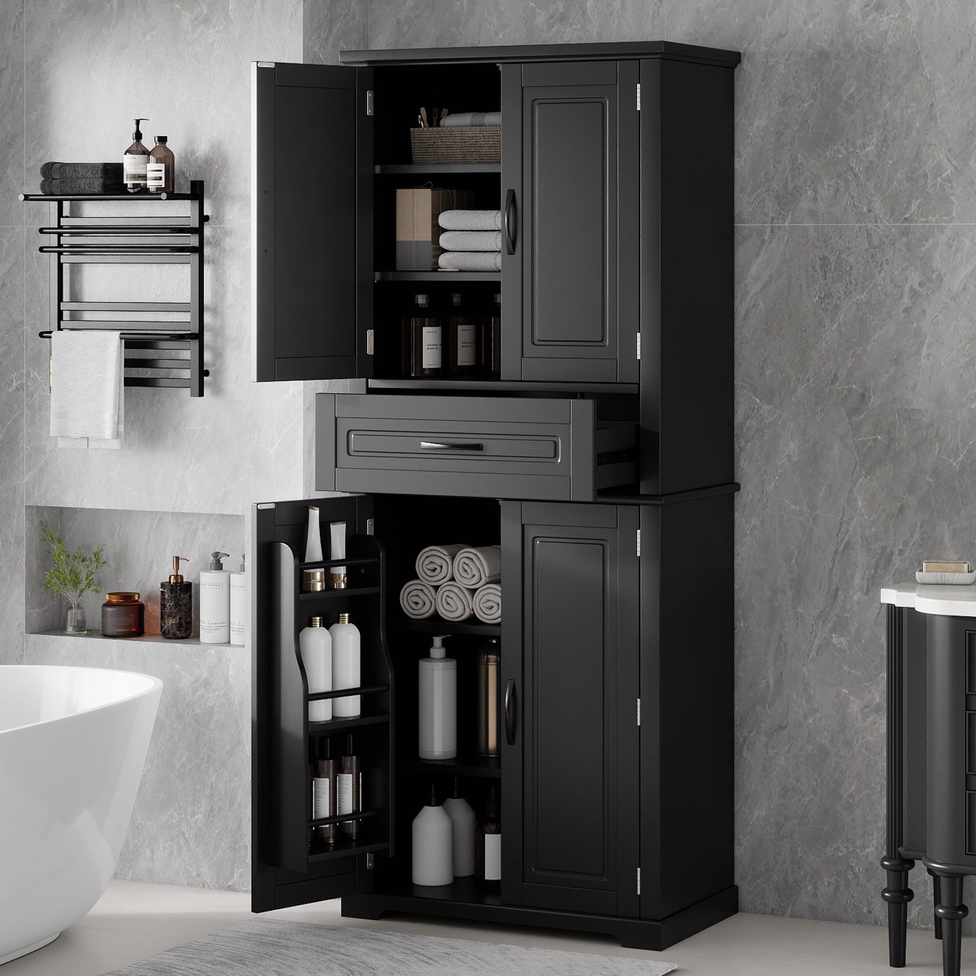 Mintazer 72" Tall Bathroom Linen Cabinet with Adjustable Shelves & Large Drawer, Freestanding Storage Cabinet with Side Door Organizer for Bathroom Laundry Room, Black