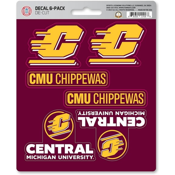 Central Michigan University Chippewas 6-Piece Decal Sticker Set, 5x6 Inch Sheet, Gift for football fans for any hard surfaces around home, automotive, personal items