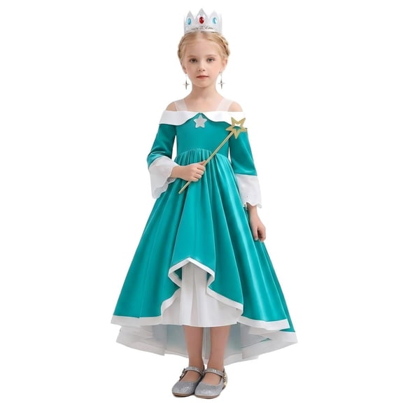 Princess Dress Up Costume Set for G'irl's - Teal Green Fancy Dress Gown with Star Wand, Crown Tiara & Earrings, Perfect for Halloween, Birthday Party & Stage Performance