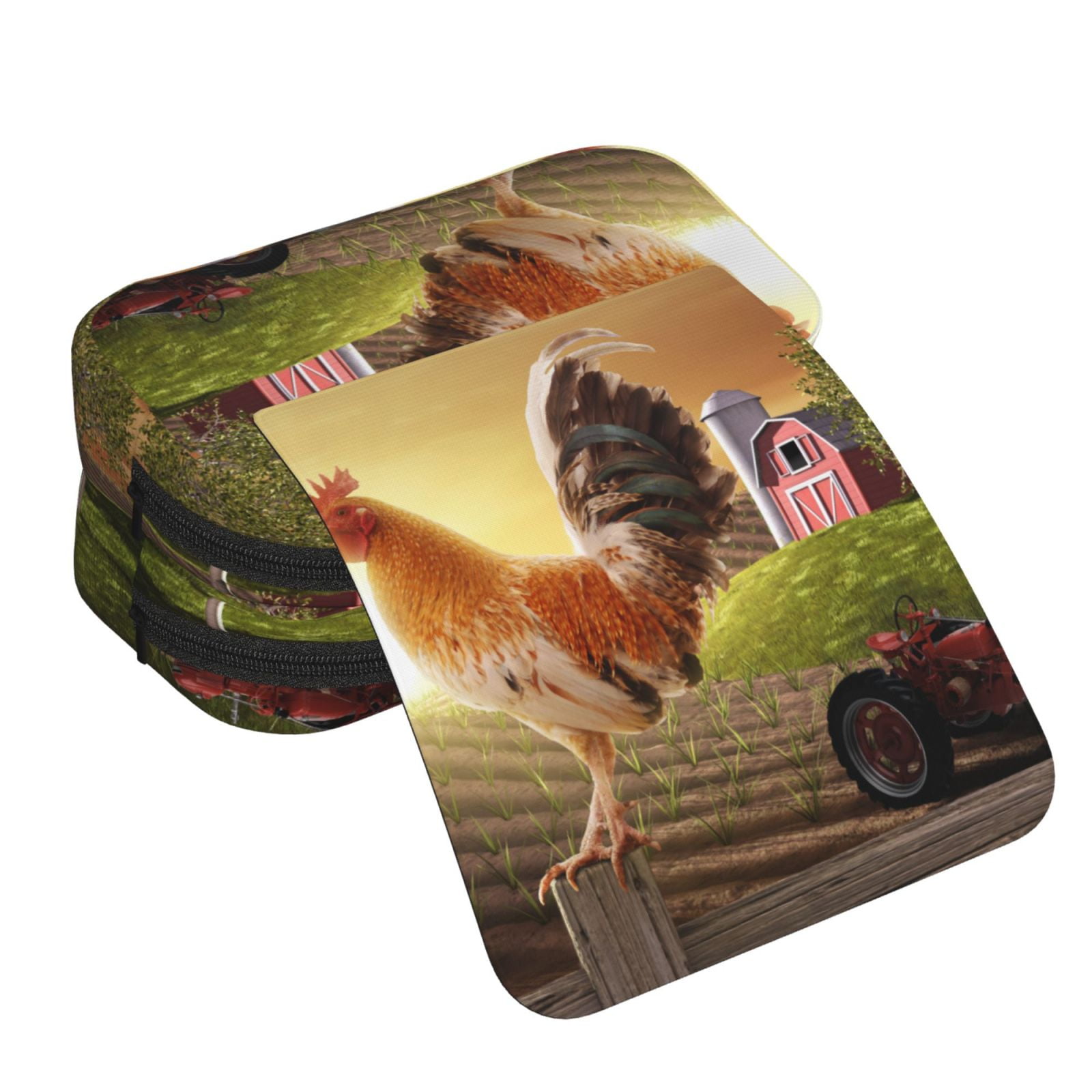 Rateoe Country Farm Morning Rooster Pattern Double Clamshell Pen Case, Storage Organizer with Two Zipper Compartments– Holds Up to 50 Pencils & Pens