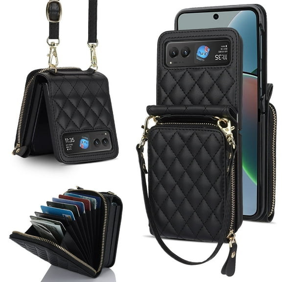 TECH CIRCLE for Moto Razr 40/Razr 2023 Case,Wallet Crossbody Cute Case with Card Holder Slot, Zipper Handbag Strap Lanyard Wrist Leather Case for Women Girl Shockproof Bumper Cover, Black