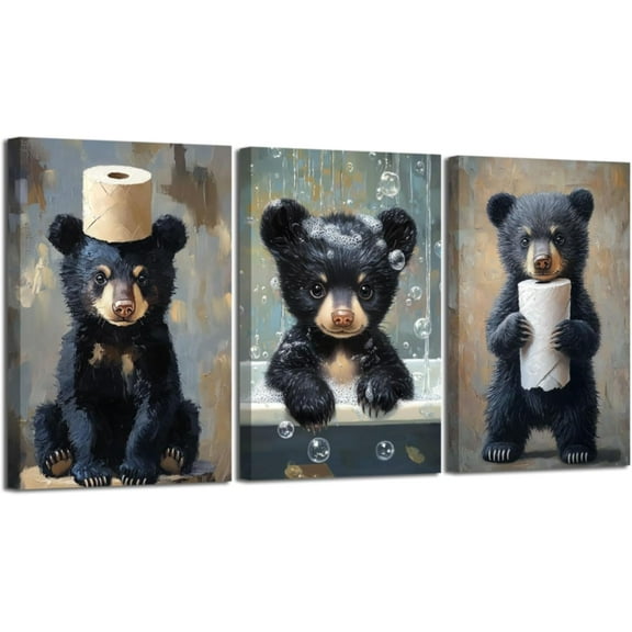 Hieng 3 Pieces Funny Bathroom Bear Wall Art Cute Black Bear with Toilet Paper Pictures Animal in Bathtub Canvas Prints Wildlife Poster for Cabin Decor