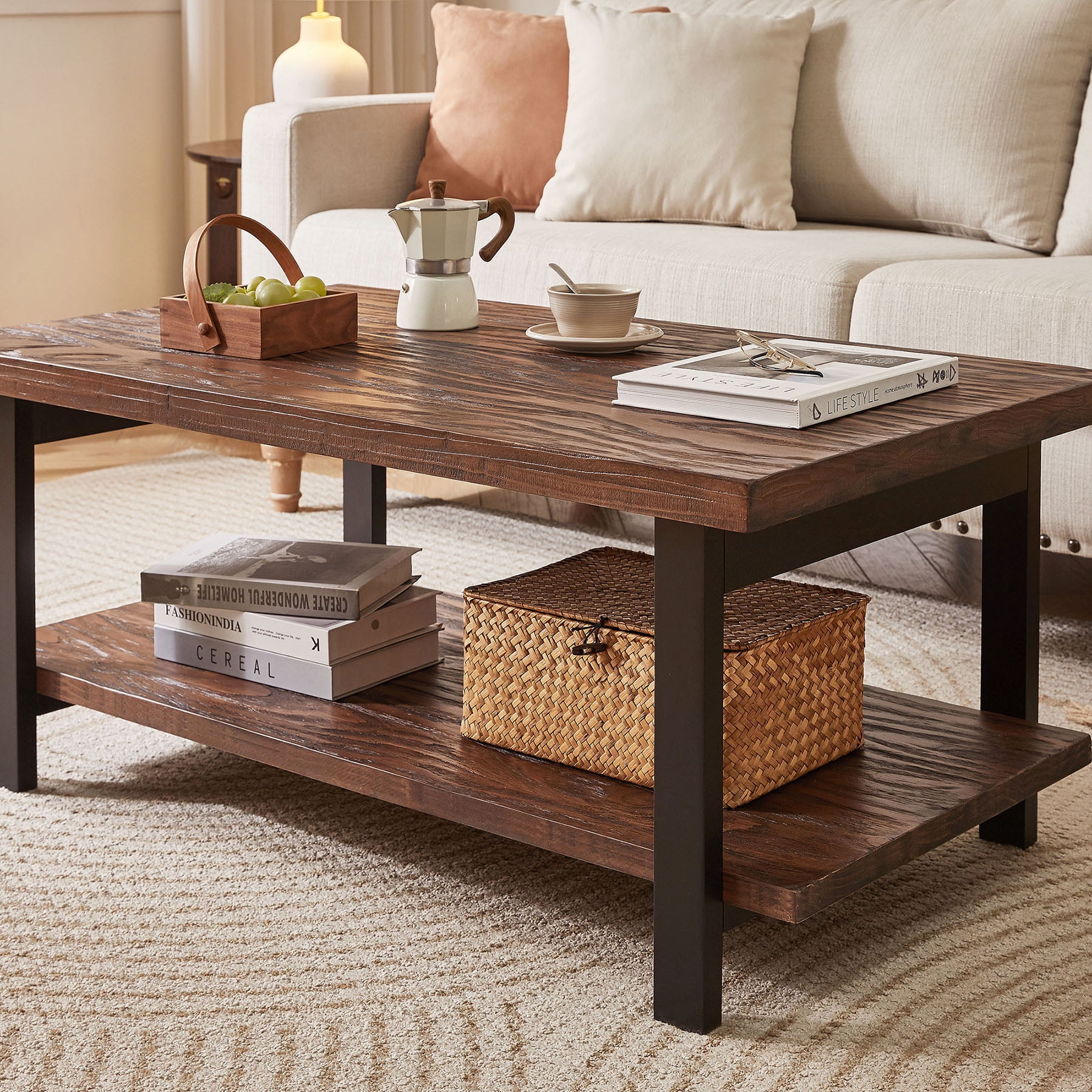 Solid Wood Rectangle Coffee Table Featuring Open Storage Shelf Perfect for Farmhouse Living Rooms