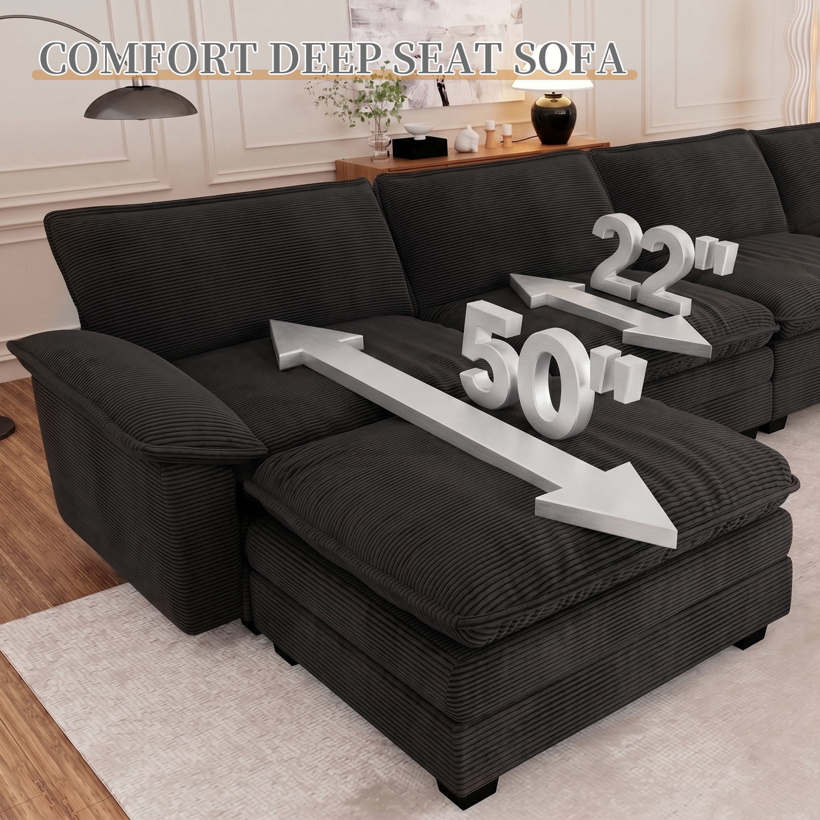 Muumblus Modular Sectional Cloud Couch with Ottoman, Oversized L-Shaped Corduroy Sofa for Living Room, Black