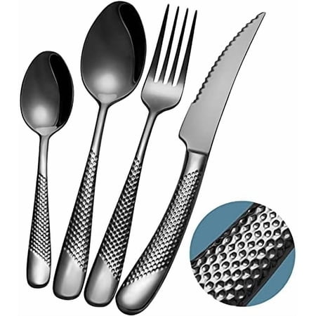 16-Piece Modern Black Hammered Silverware Set with Ultra Sharp 2-IN-1 Serrated Knives, 18/10 Stainless Steel Flatware Set, Titanium Plated Cutlery Set Service for 4, Dishwasher Safe