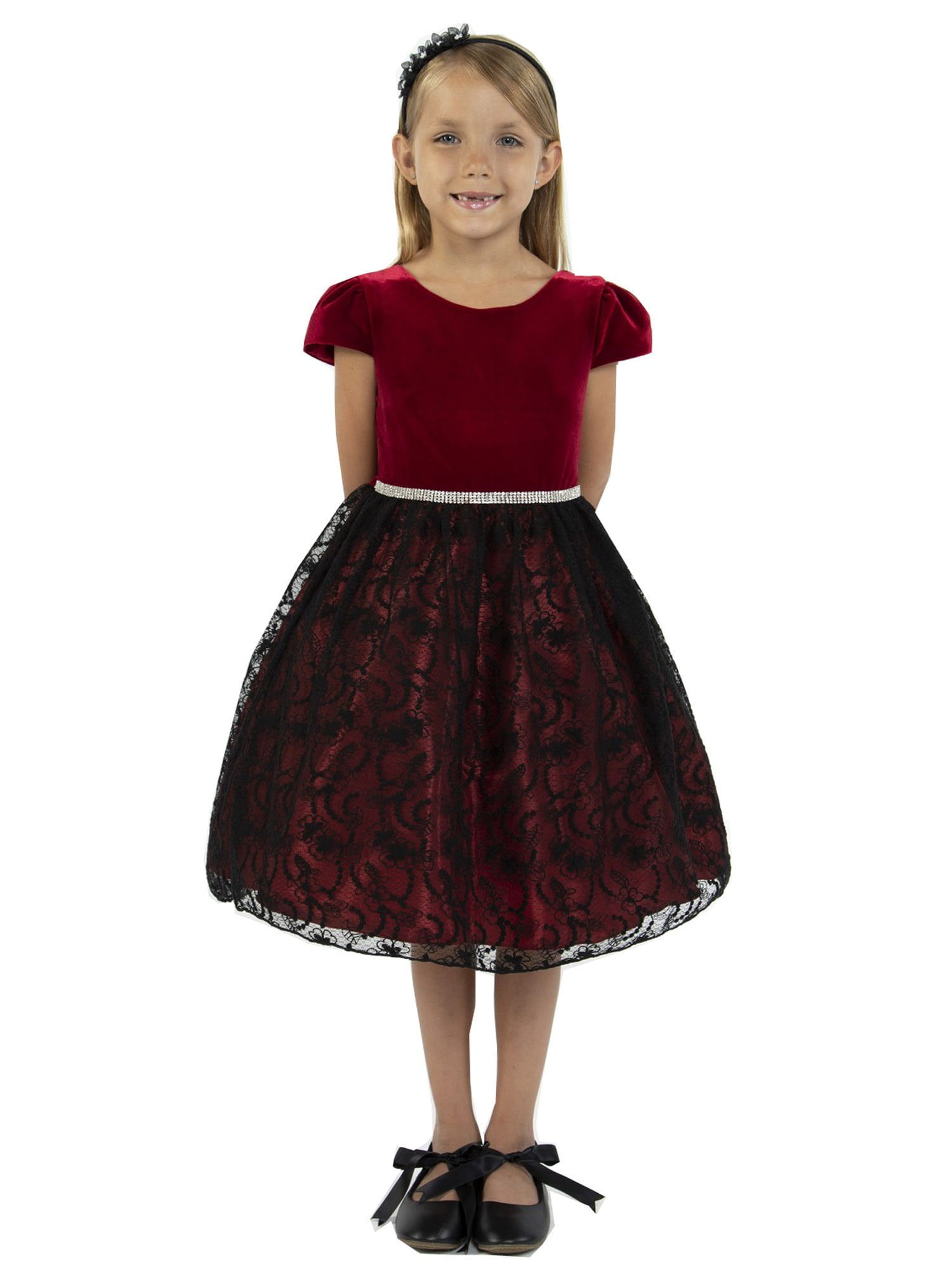 Kids Dream Kids Dream Little Girls Red Velvet Lace Rhinestone Trim