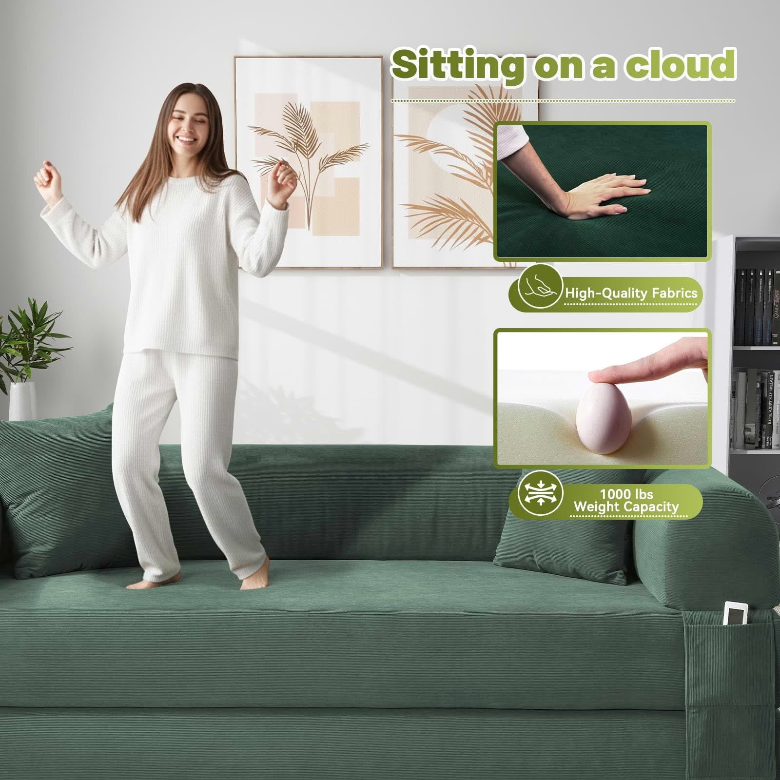 MAYEERTY 80" Light Green Corduroy Convertible Sofa Bed, 600lbs Queen Size Fold Out Sleeper Couch with Storage & No Assembly for Living Room