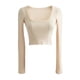 thumbnail image 2 of Txlixc Blusa de corte de punto sólido de manga corta, manga larga y cuello redondo profundo para mujeres fiesta de ocio callejero blusa de primavera y otoño callejero Txlixc moda, 2 of 4