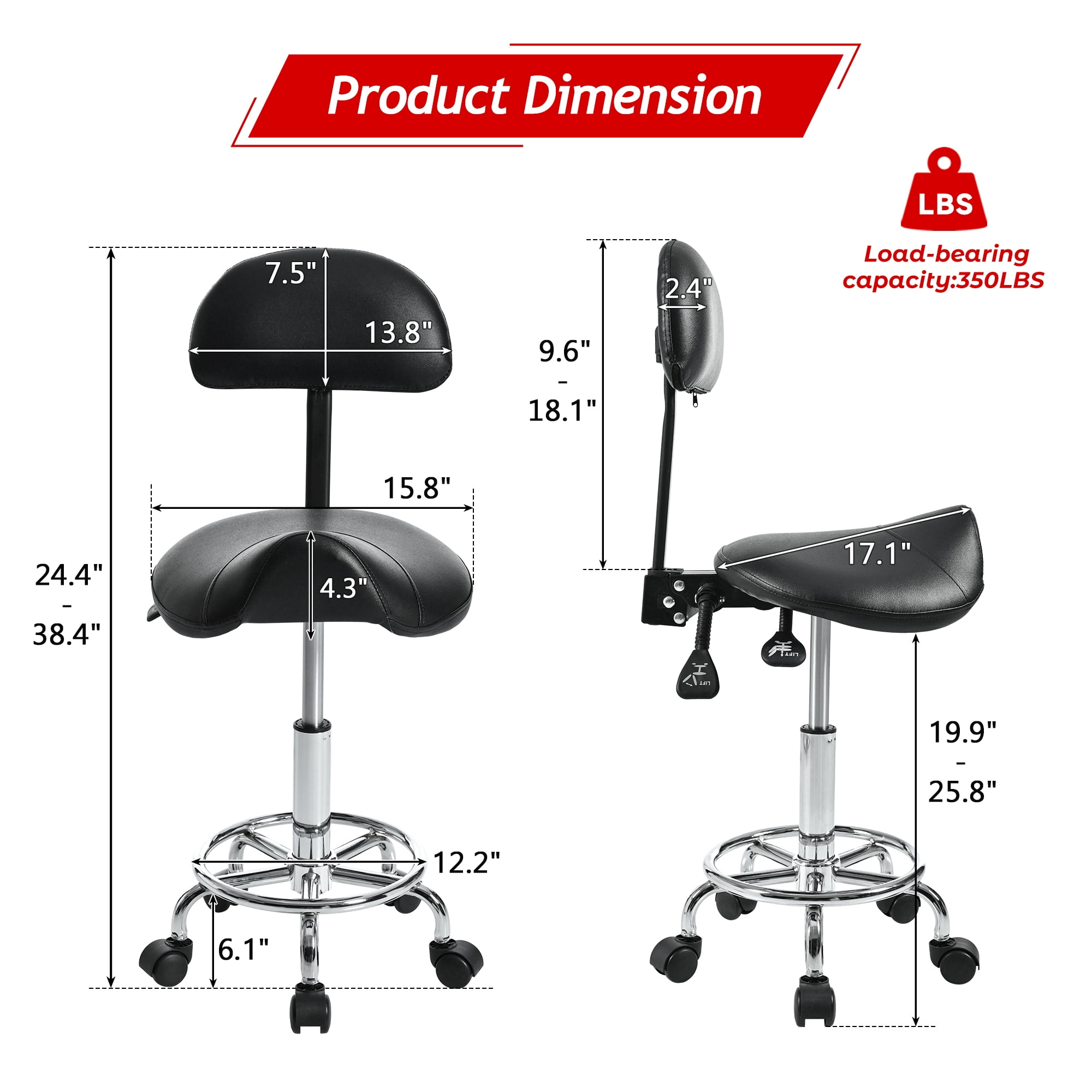 Leumius Saddle Stool with Back Support,Swivel Rolling Stools with Foot Rest,Ergonomic Adjustable Stool with Wheels,Backrest Adjustable Height & Angle for Salon Spa Tattoo Massage, Black