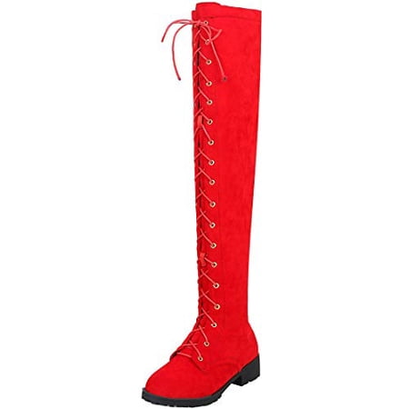 MAVMAX Women's Flat Lace up Thigh High Combat Low Heel Over The Knee ...