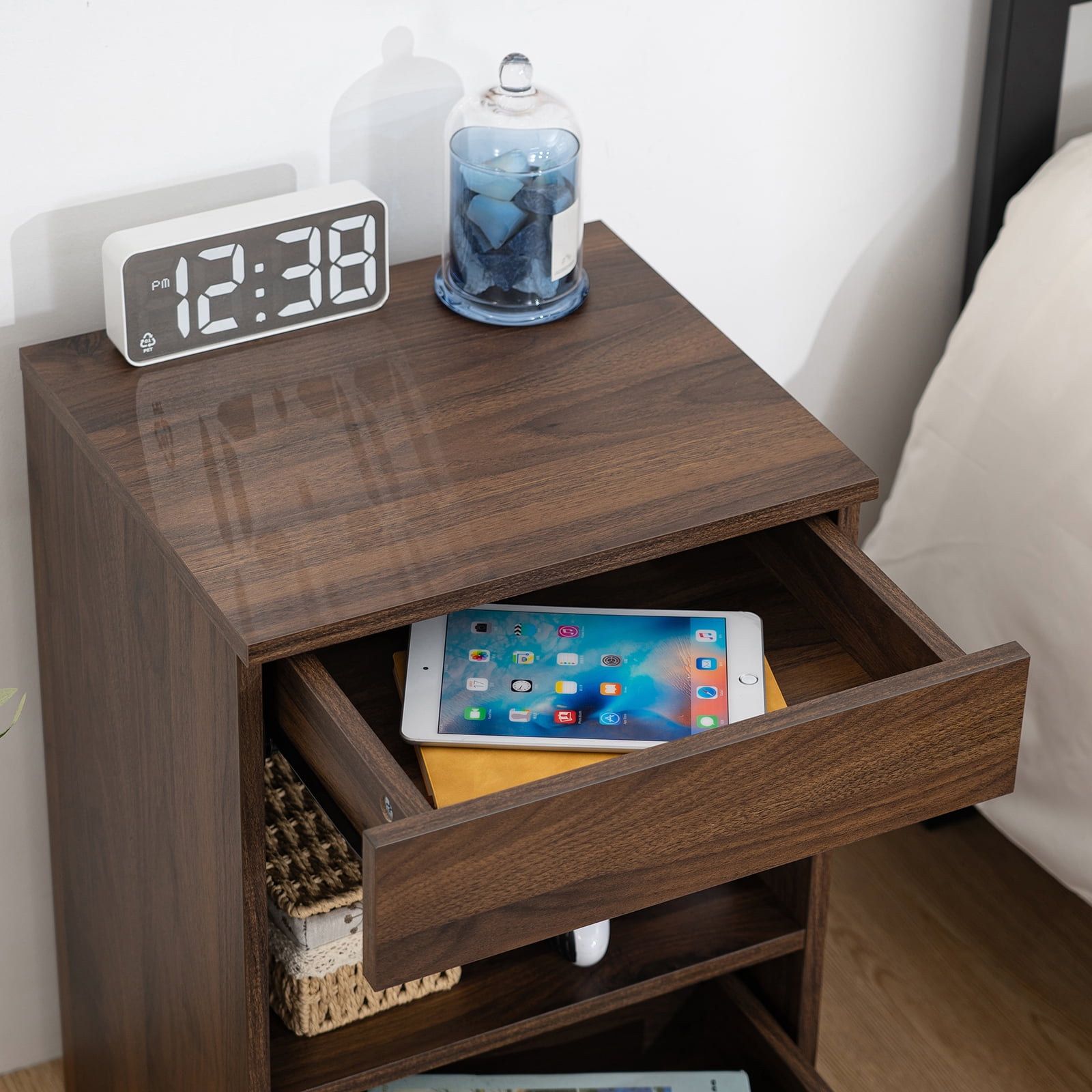 Hommpa Nightstand, 2 Drawer Nightstand Open Shelf Nightstands Brown Bedside Table Nightstands with Storage End Tables Living Room Bedroom Furniture Dark Walnut