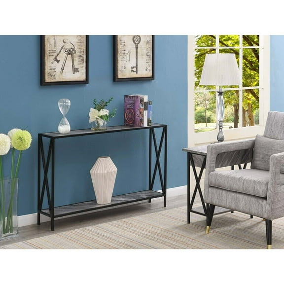 Farmhouse Console Table - Modern Sofa Storage Shelf, Entryway Hall Table, Living Room Decor, 47"L, Gray/Black