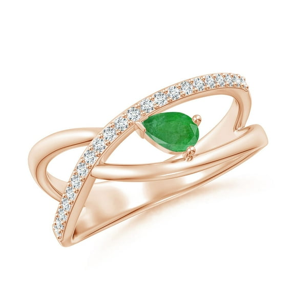 ANGARA Natural Criss Cross Pear Shaped Emerald Ring with Diamond Accents in 14K Rose Gold for Women (Size-5x3mm) | May Birthstone, Birthday, Anniversary, Jewelry Gift for Women | Natural Emerald Ring