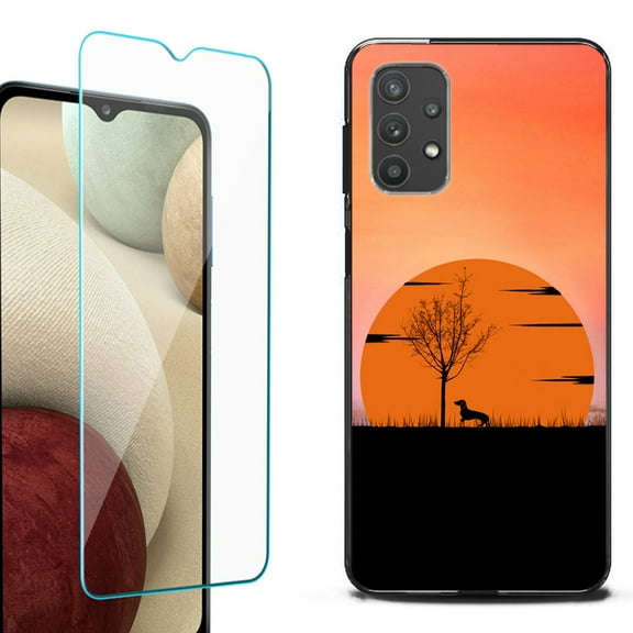 Slim-Fit Flexible TPU Gel Phone Case (black) for Samsung Galaxy A32 5G, with Tempered Glass Screen Protector, by OneToughShield ® - Sunset Dachshund