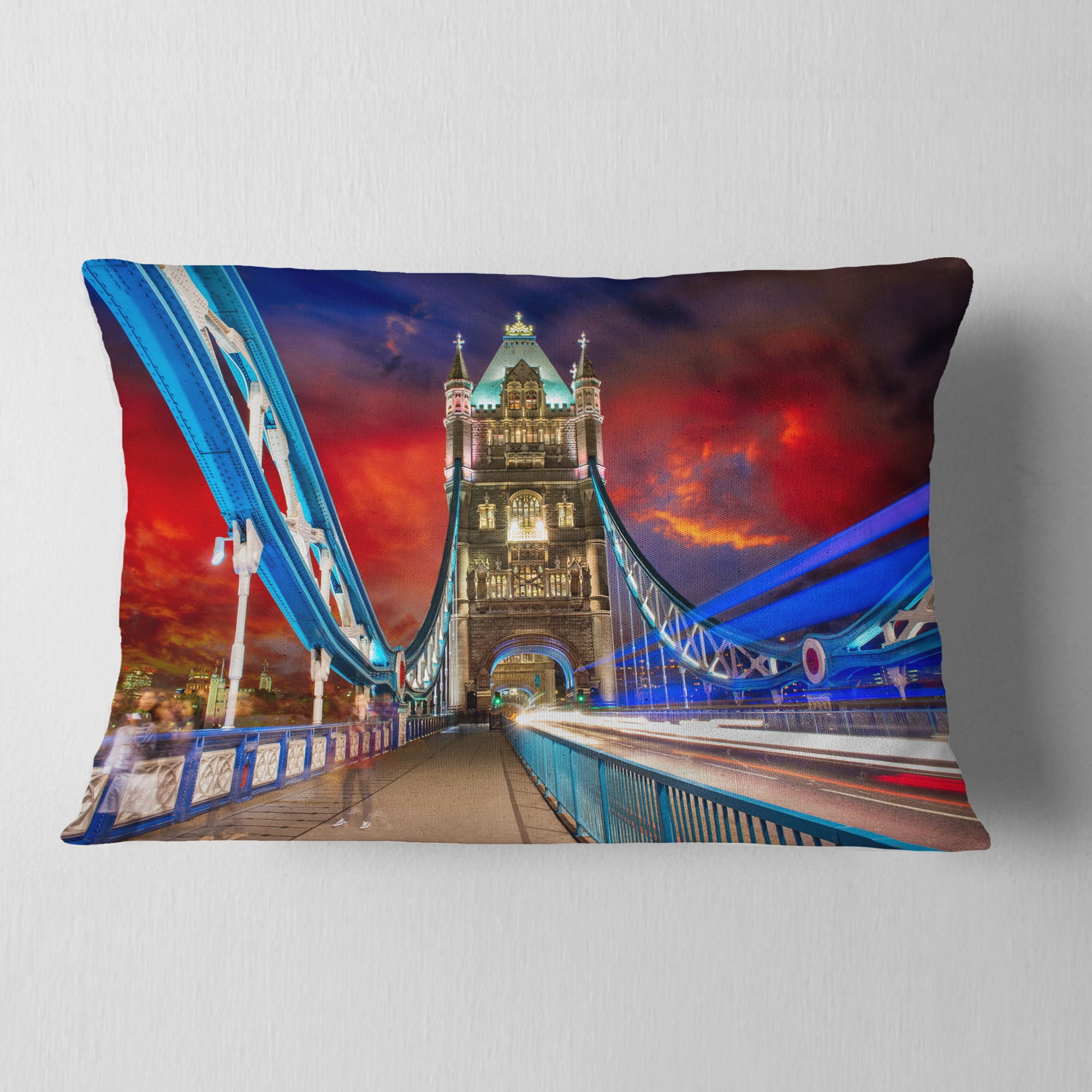 Designart Storm Over Tower Bridge at Night - Cityscape Photo Throw Pillow - 12x20