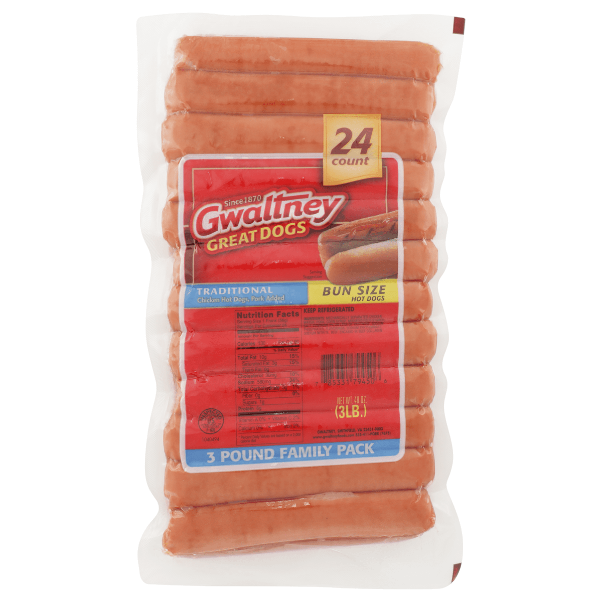 Gwaltney Traditional Chicken Hot Dogs, Bun Size, 24 Count