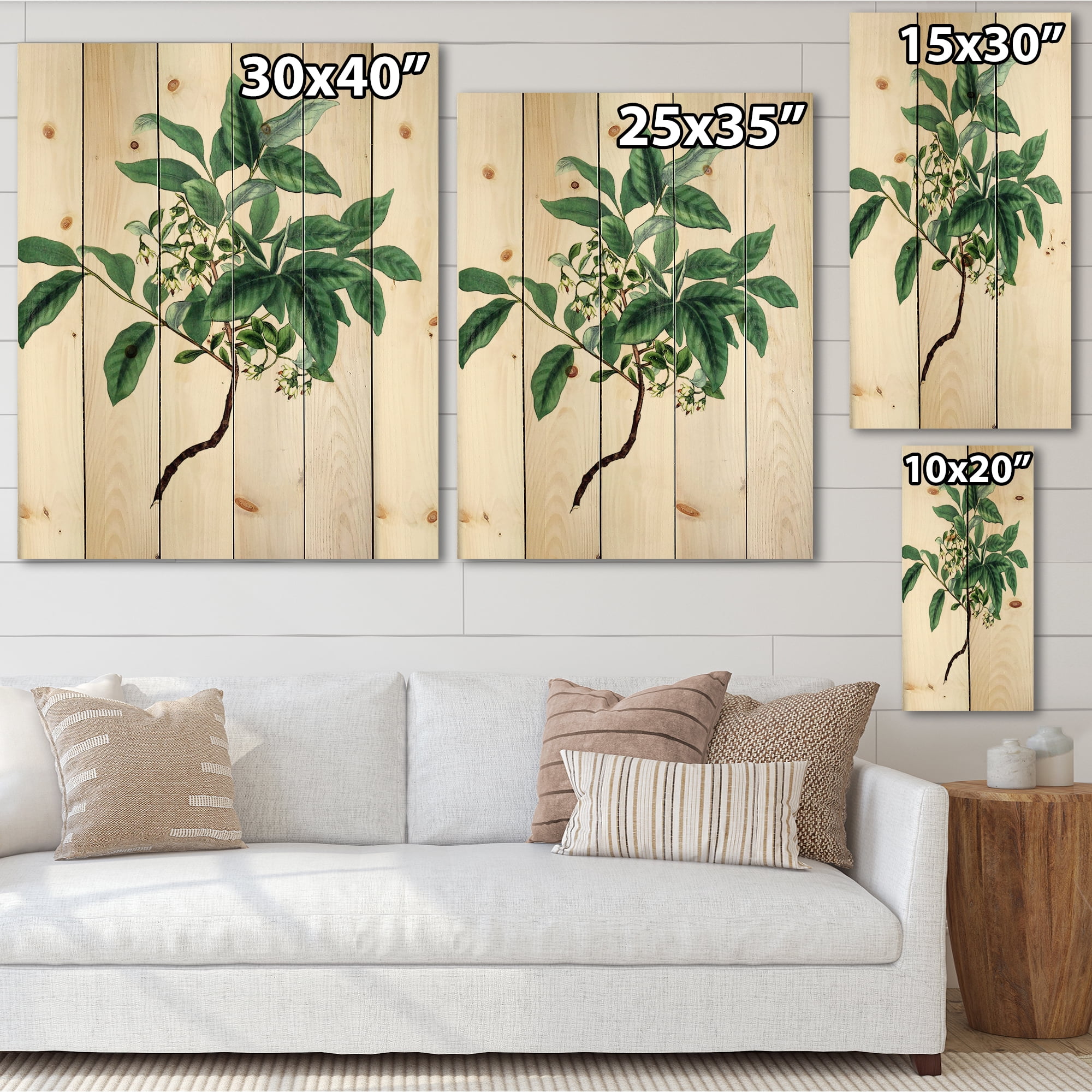 Designart 'Ancient Green Leaves Plants IV' Traditional Print on Natural Pine Wood