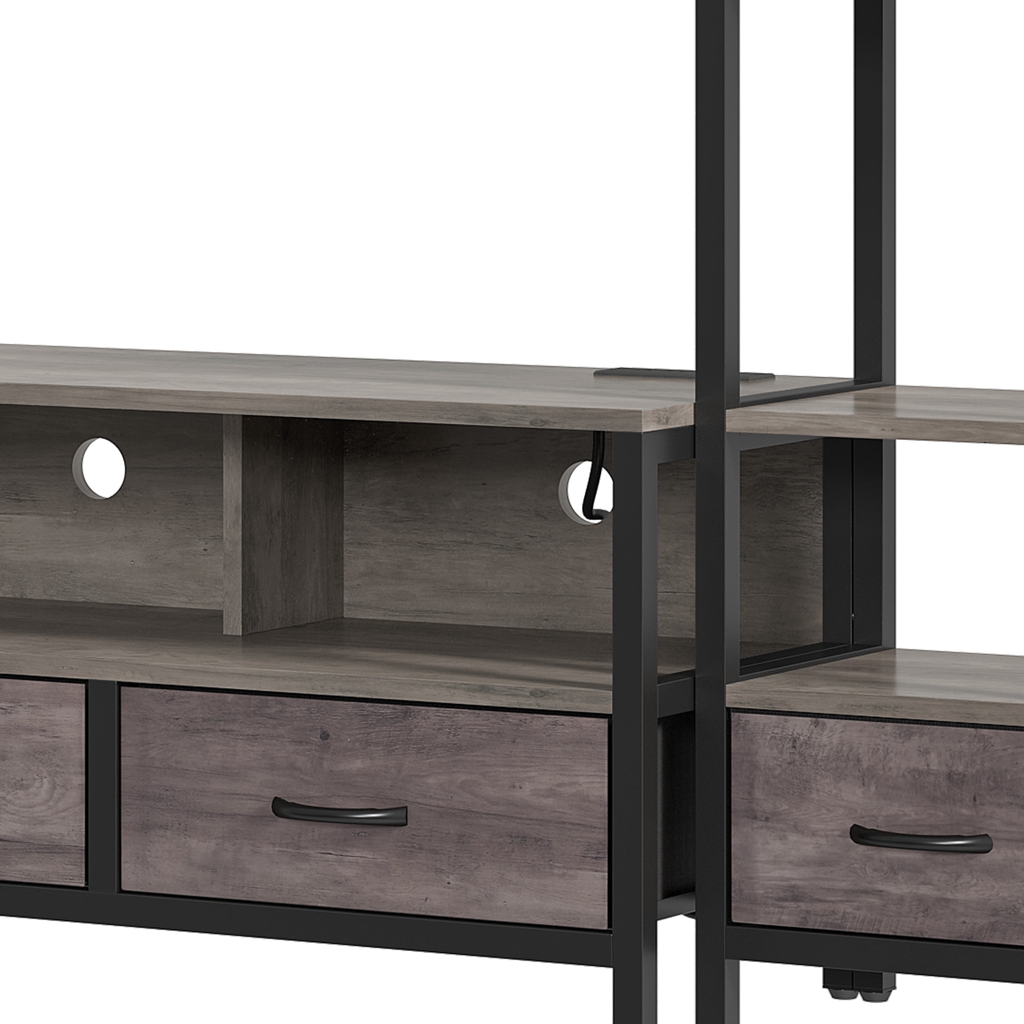 Uforic Modern Rustic Wood Metal Frame TV Stand with Remote Control LED Lights, USB Ports, Multi-Layer Storage Shelves & Fabric Drawers for Home Living Room, Gray