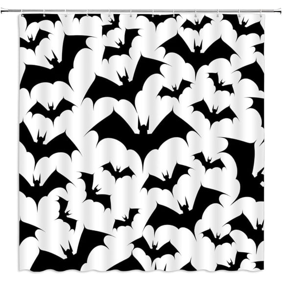 Halloween Spooky Bats Shower Curtain Black Flying Bat Horror Scary Gothic White Bat Death Animal Dead Haunted Holiday Polyester Fabric Bathroom Curtain Sets Hooks 70 x 70 Inch